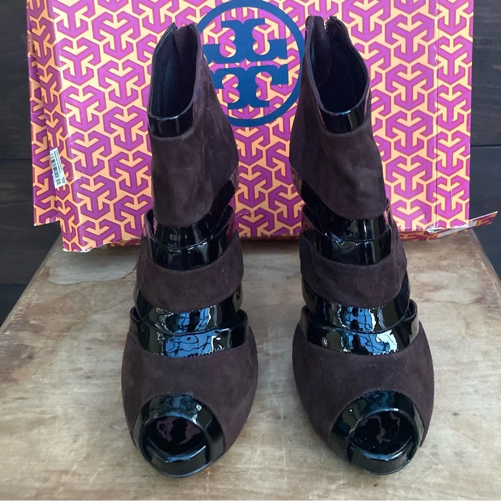 Tory Burch Lucille Boot suede & patent leather Black‎ & brown size 9.5